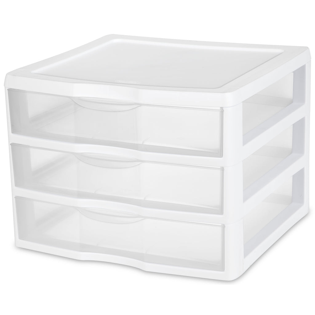 Wide 3 Drawer Unit, Clear Plastic Countertop or Desktop Drawers, White