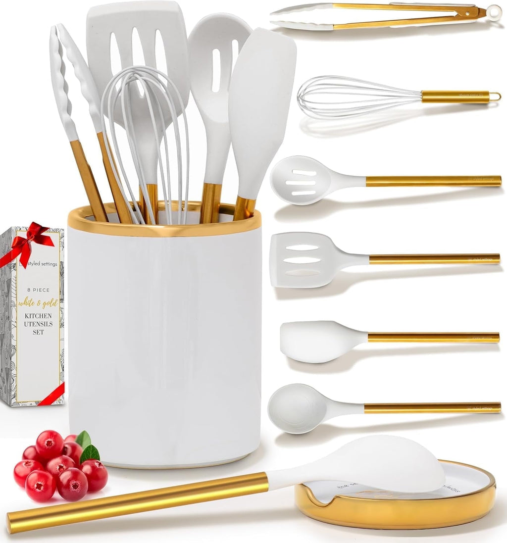 White Silicone and Gold Cooking Utensils Set