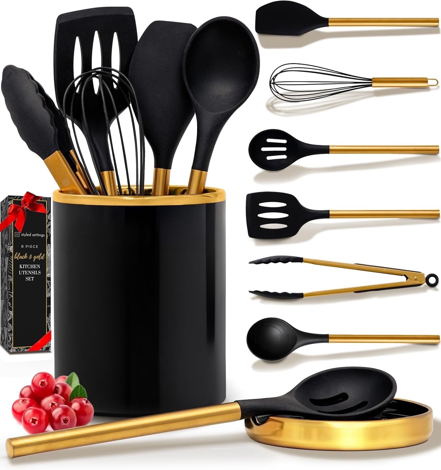 White Silicone and Gold Cooking Utensils Set