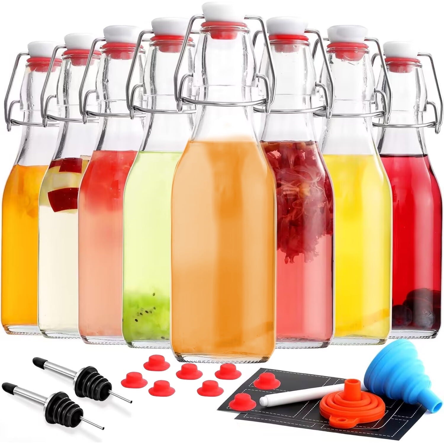Swing Top Glass Bottles 8 Pack, 8.5 oz Flip Top Beer Brewing Bottle, Airtight Stopper Cap Lid, Bonus 2 Bottle Pourer for 2nd Fermentation, Kombucha, Kefir, Vanilla Extract, Coquito, Juice, Tea