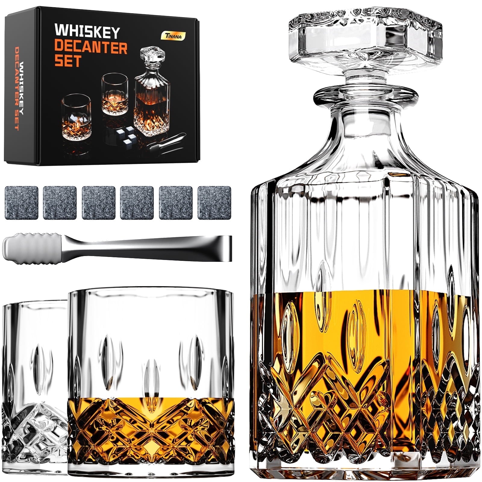 Whiskey Decanter Set with Glasses and Whiskey Stones, Whiskey Decanter Sets for Men, Valentine's Day Gift, Anniversary Birthday Gifts for Father Mother Husband