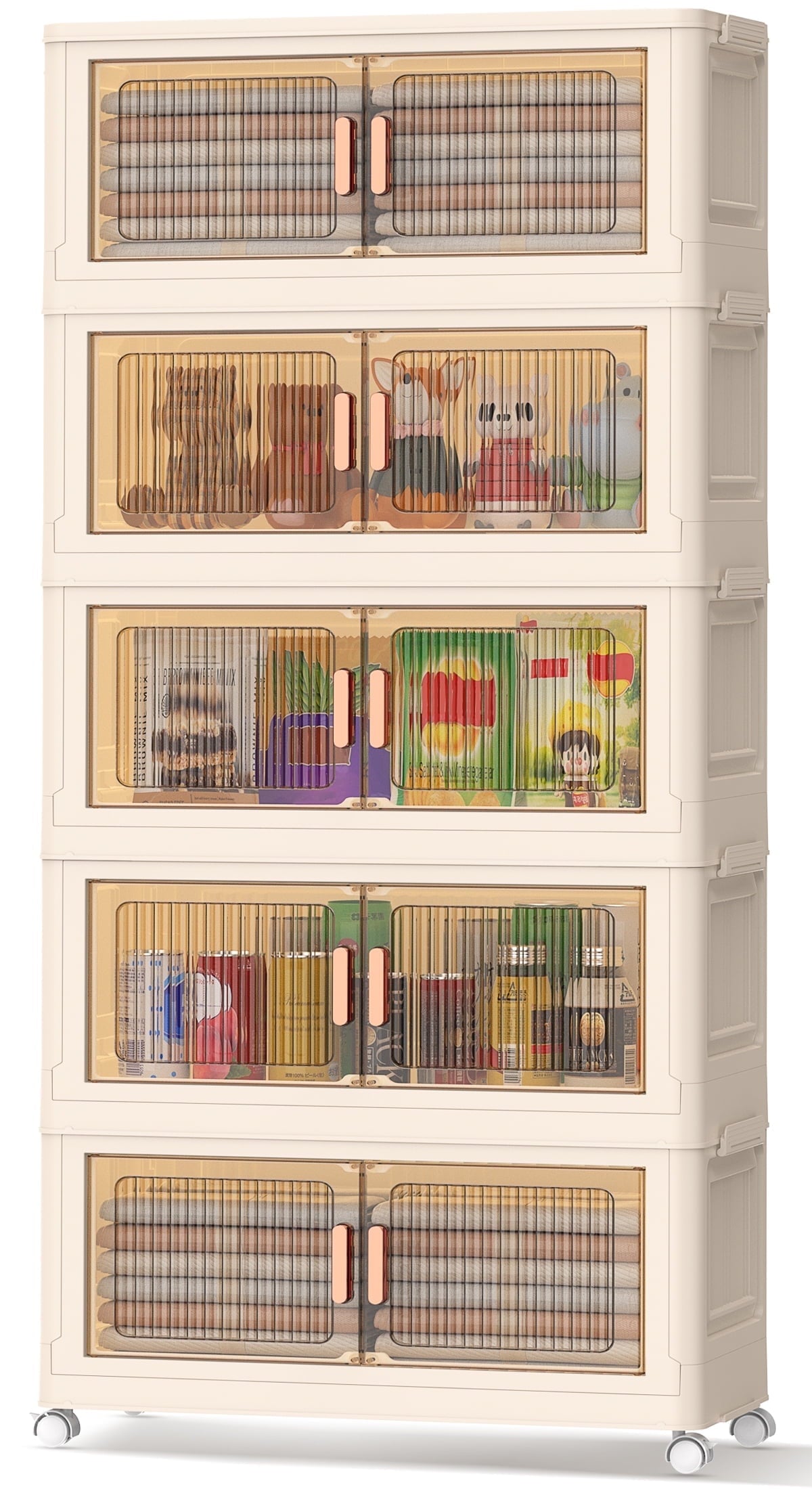 5 Tiers Storage Bins with Wheels, Magnetic Dual Open Collapsible Storage Container with Lids, 125QT Folding Storage Box Bins for Closet Organizers, Home and Office, Beige