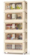 5 Tiers Storage Bins with Wheels, Magnetic Dual Open Collapsible Storage Container with Lids, 125QT Folding Storage Box Bins for Closet Organizers, Home and Office, Beige