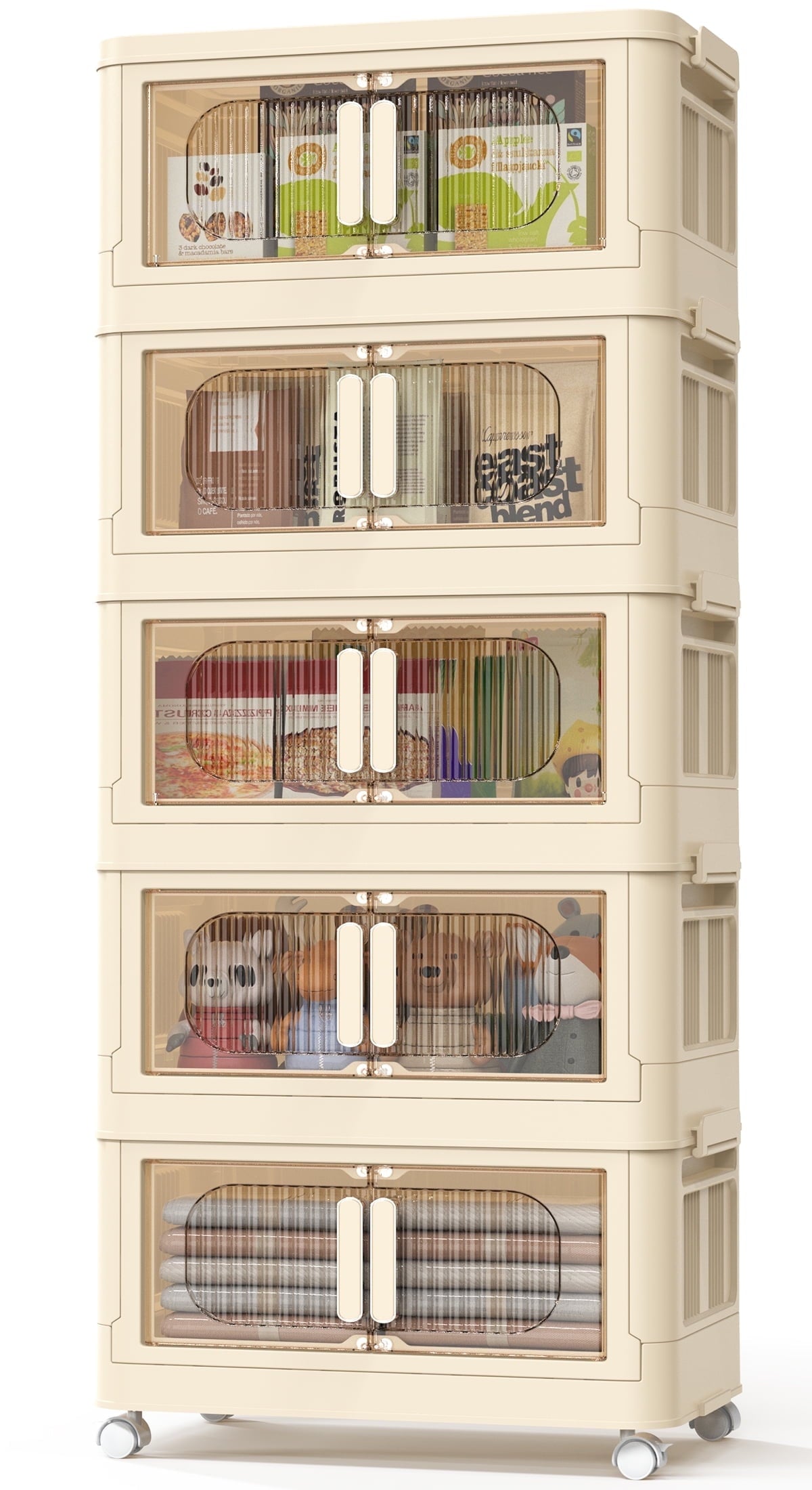 5 Tiers Storage Bins with Wheels, Magnetic Dual Open Collapsible Storage Container with Lids, 125QT Folding Storage Box Bins for Closet Organizers, Home and Office, Beige