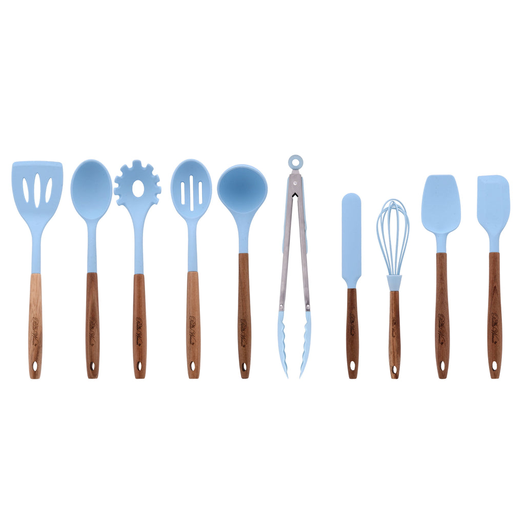 10-Piece Silicone and Acacia Wood Handle Cooking Utensils Set, Blue