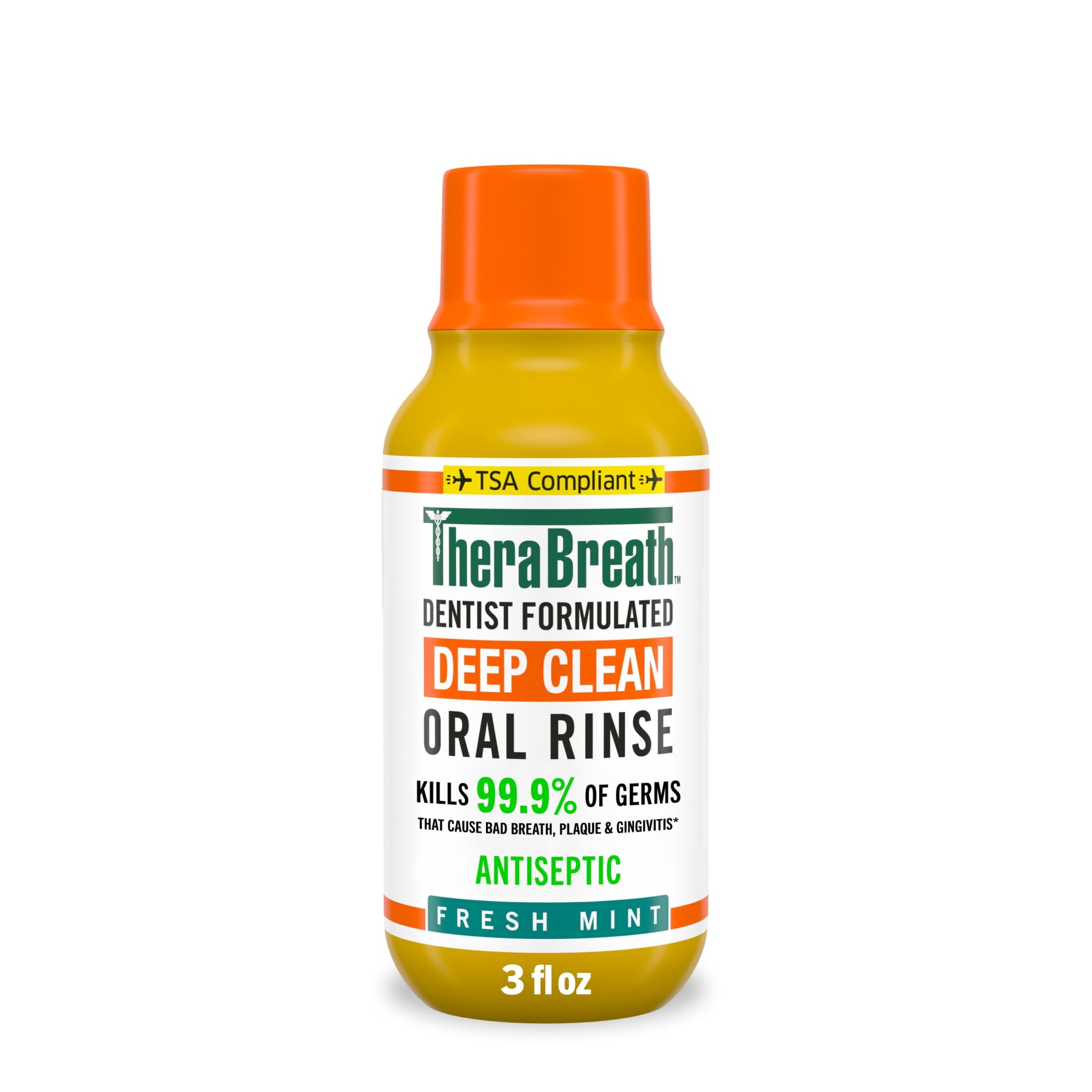 TheraBreath Deep Clean Antiseptic Mouthwash, Antigingivitis, Fresh Mint Flavor Dentist Formulated, Alcohol Free, TSA Compliant Travel Size, 3 fl oz