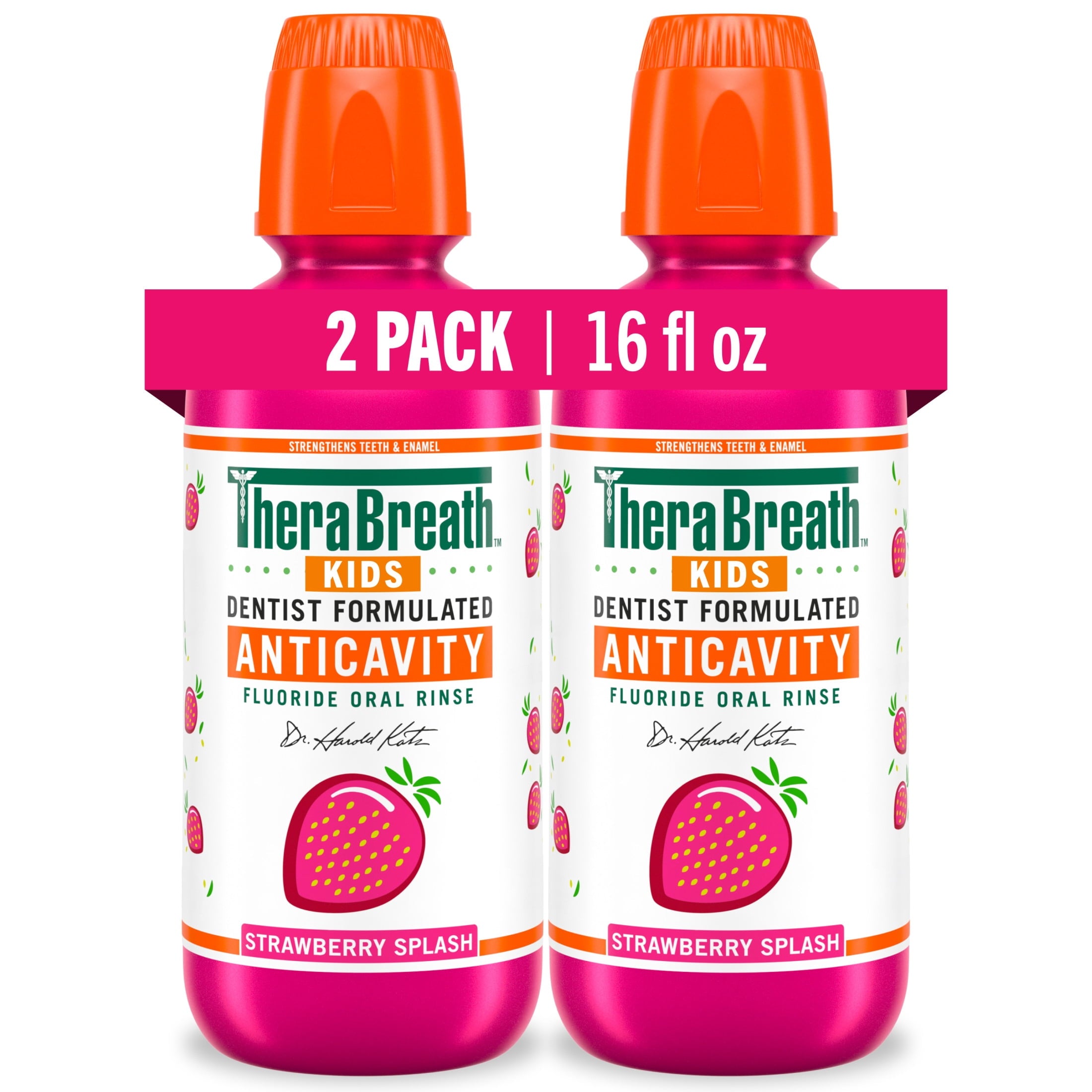 TheraBreath Kids Mouthwash with Fluoride, Organic Strawberry Splash, Anticavity, 16 fl oz, 2 Pack