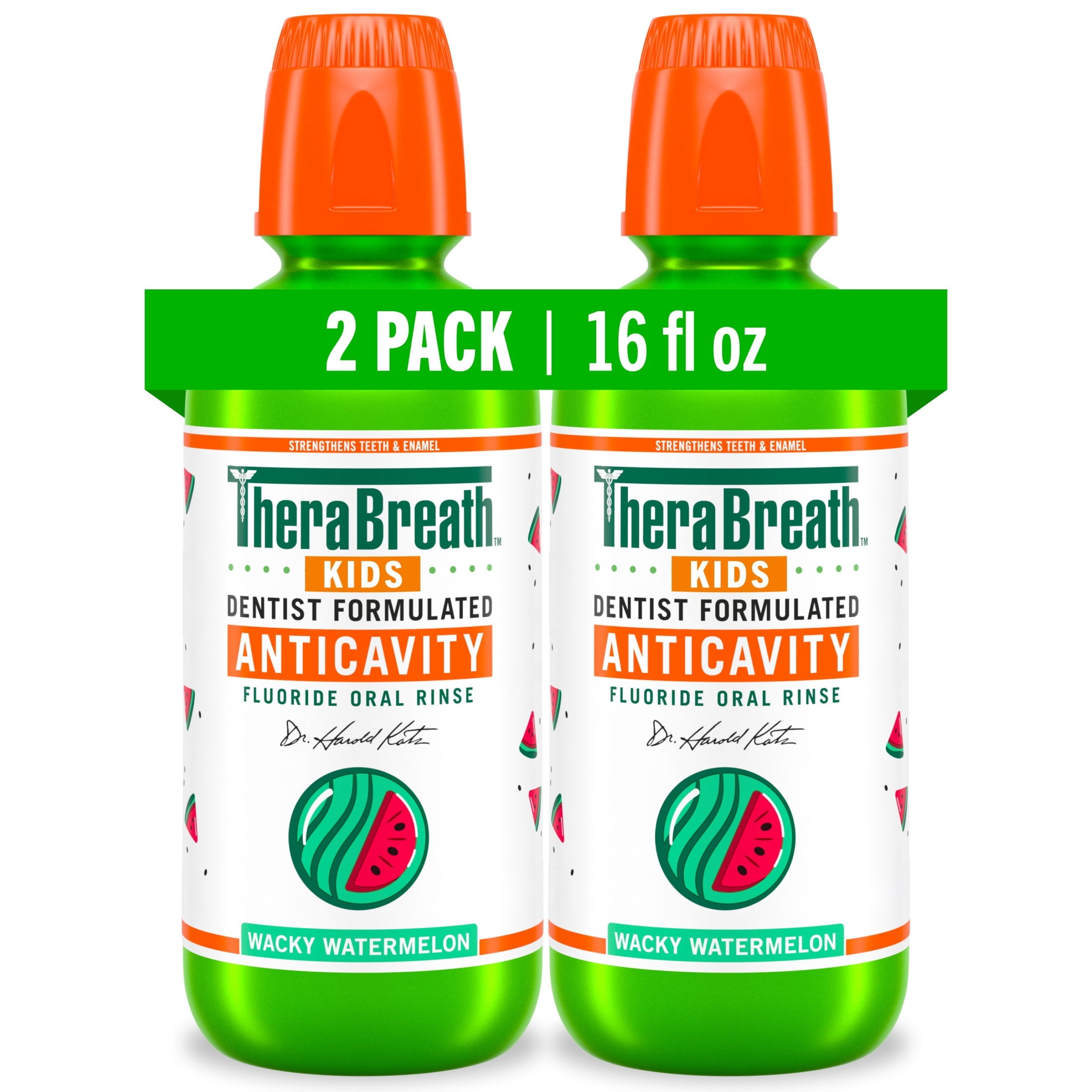 TheraBreath Kids Mouthwash with Fluoride, Organic Wacky Watermelon, Anticavity, 16 fl oz (2 Pack)