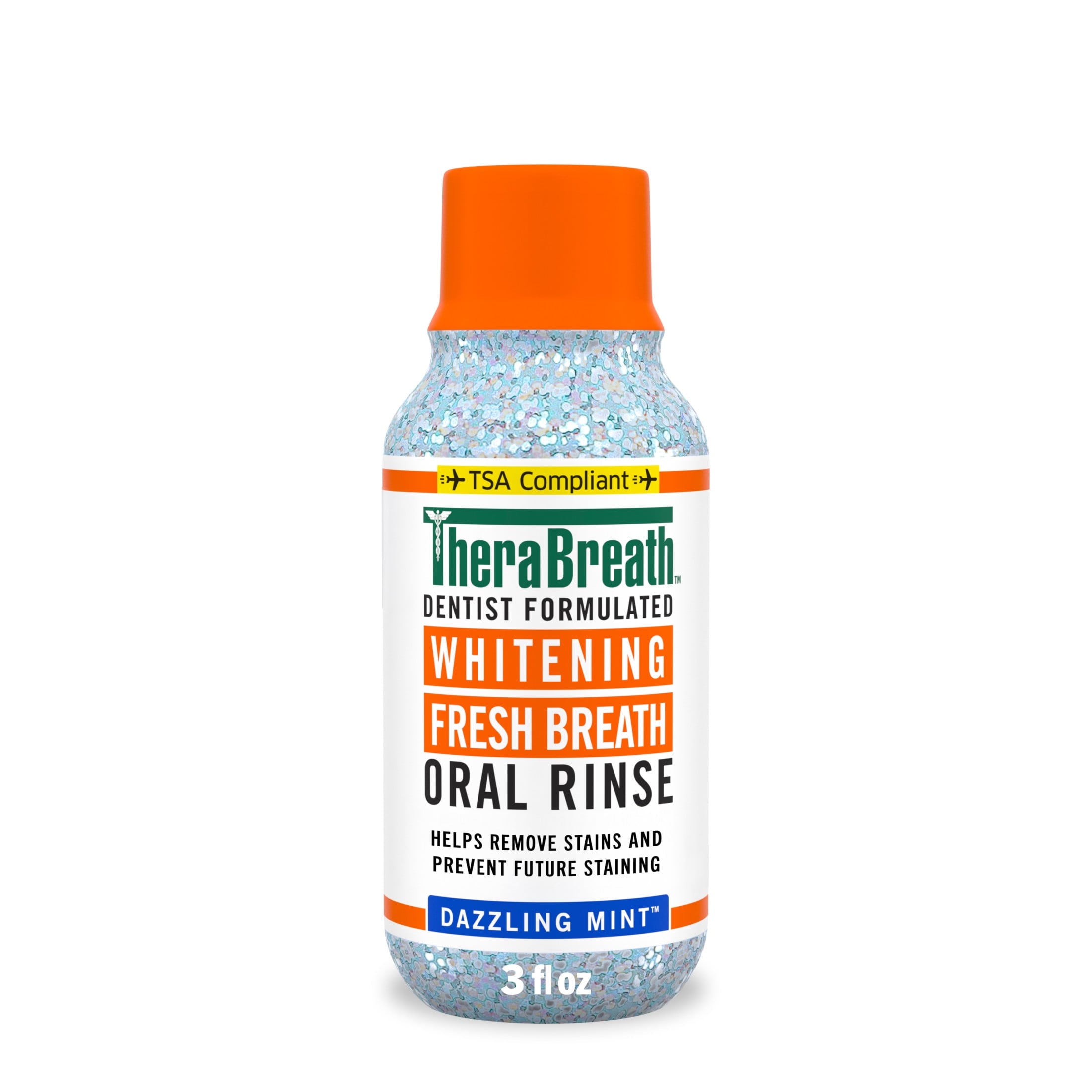 TheraBreath Whitening Alcohol-Free Mouthwash, Fresh Breath Mouthrinse, Dazzling Mint, TSA Compliant Travel Size, 3 fl oz