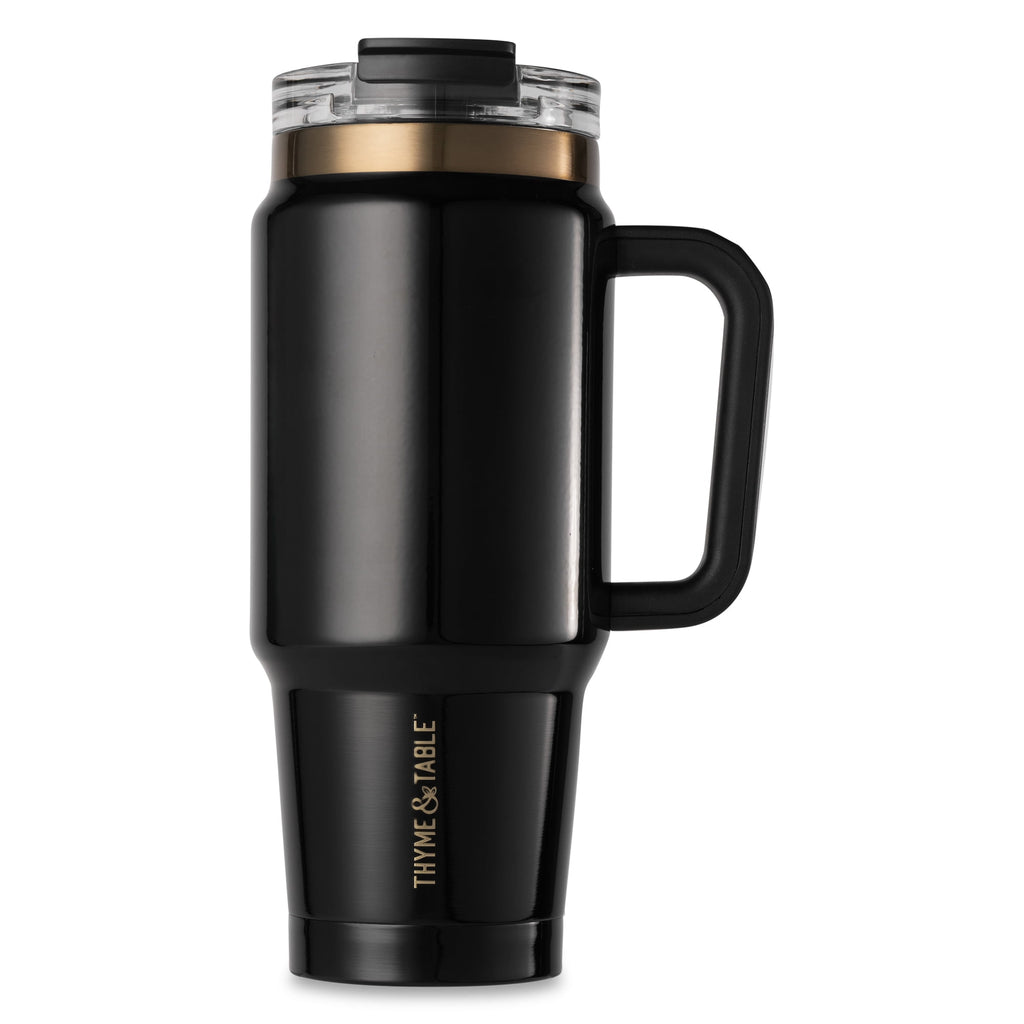 Thyme &amp; Table 32 fl oz Stainless Steel Luna Tumbler with Handle and Dual Straw Lid, Cream &amp; Black Check