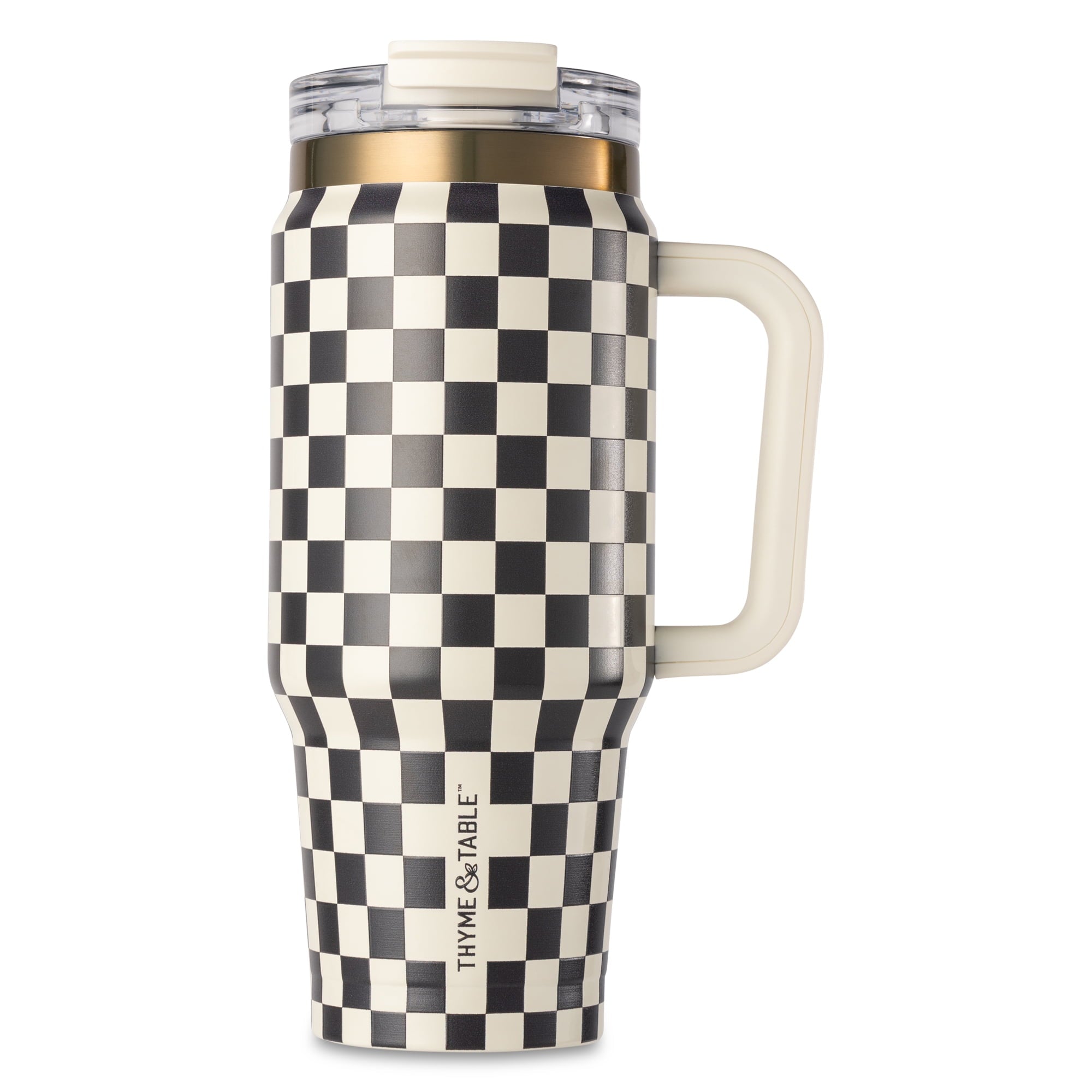 Thyme &amp; Table 32 fl oz Stainless Steel Luna Tumbler with Handle and Dual Straw Lid, Cream &amp; Black Check