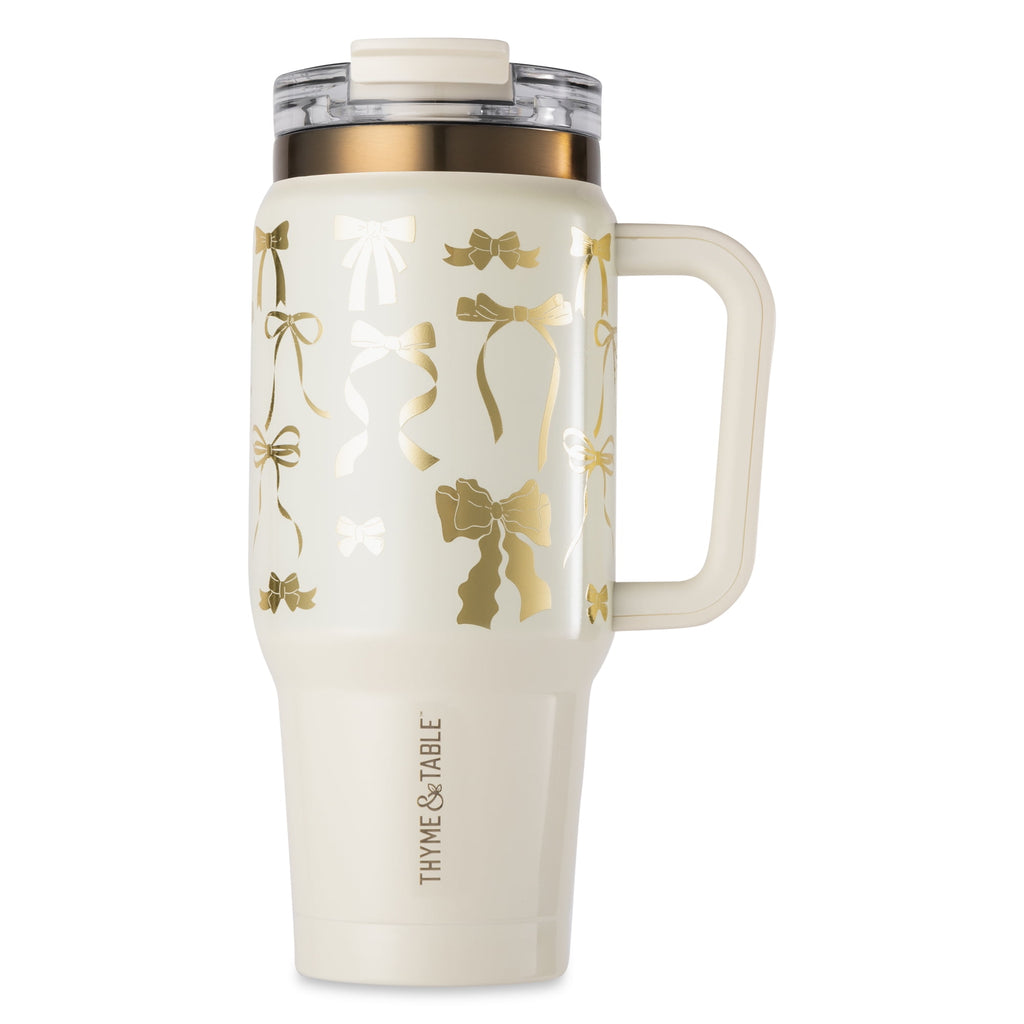 Thyme &amp; Table 32 fl oz Stainless Steel Luna Tumbler with Handle and Dual Straw Lid, Cream &amp; Black Check