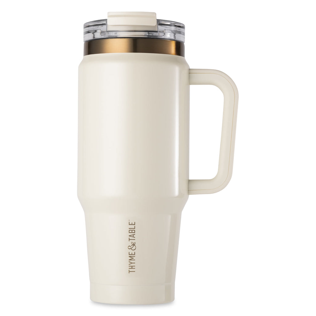 Thyme &amp; Table 32 fl oz Stainless Steel Luna Tumbler with Handle and Dual Straw Lid, Cream &amp; Black Check