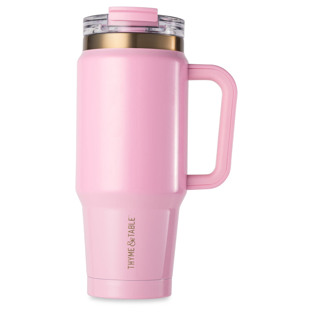 Thyme &amp; Table 32 fl oz Stainless Steel Luna Tumbler with Handle and Dual Straw Lid, Cream &amp; Black Check