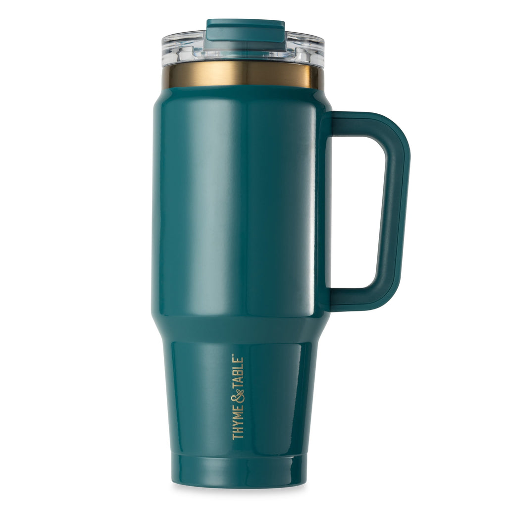 Thyme &amp; Table 32 fl oz Stainless Steel Luna Tumbler with Handle and Dual Straw Lid, Cream &amp; Black Check