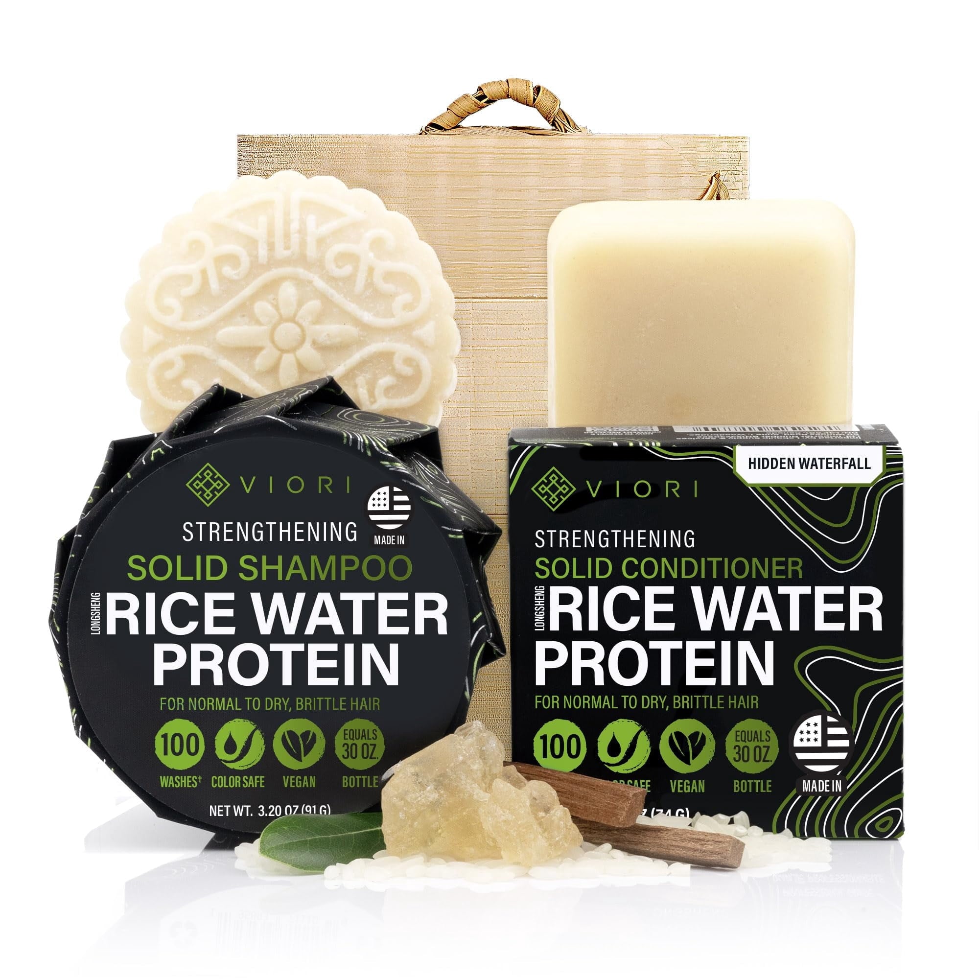 Volumizing Adult Shampoo and Conditioner Set with Longsheng Rice Water, Hidden Waterfall, 2 Piece Bamboo Holder