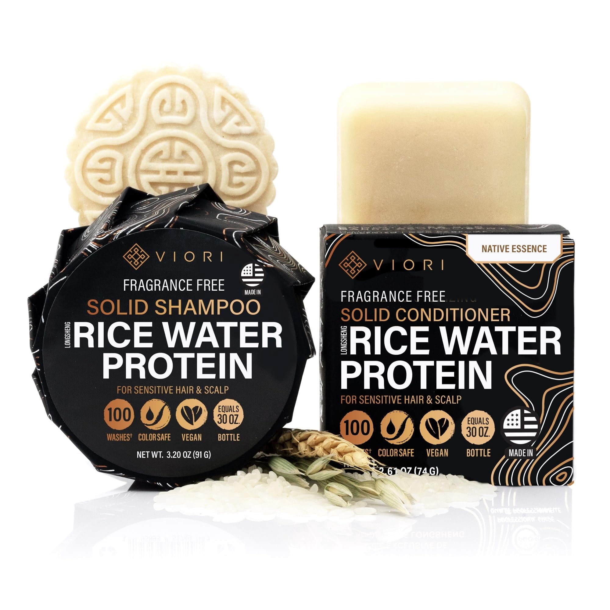 Viori Sulfate Free Shampoo and Conditioner Bar Set with Rice Water, Hidden Waterfall, 2 Piece Set
