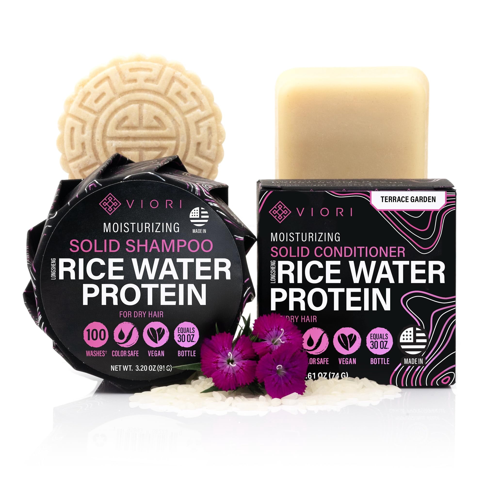 Viori Sulfate Free Shampoo and Conditioner Bar Set with Rice Water, Hidden Waterfall, 2 Piece Set