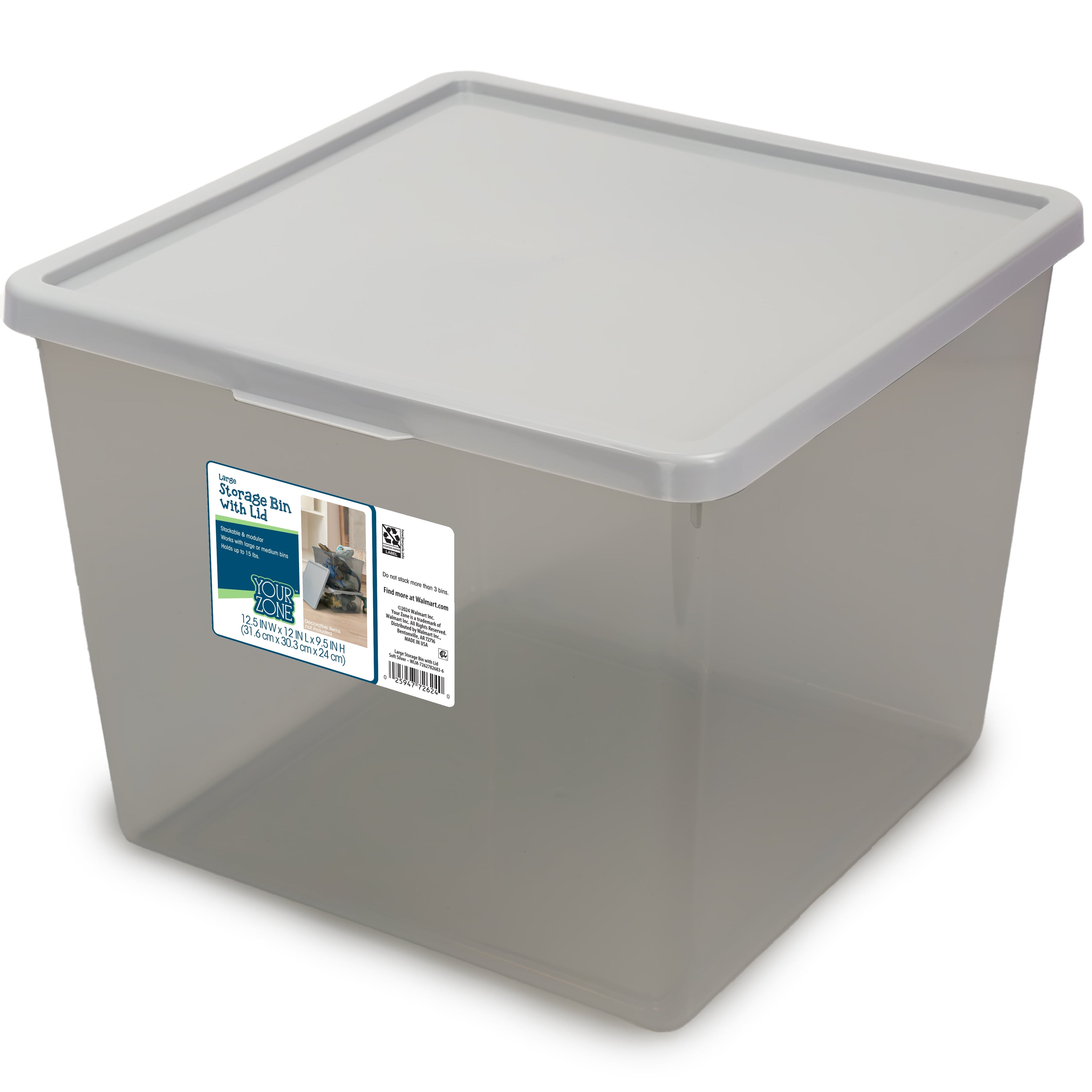 Kids Large Tinted Clear Plastic Stacking Storage Bin with Lid, Grey, 12 in x 12.4 in x 9.4 in