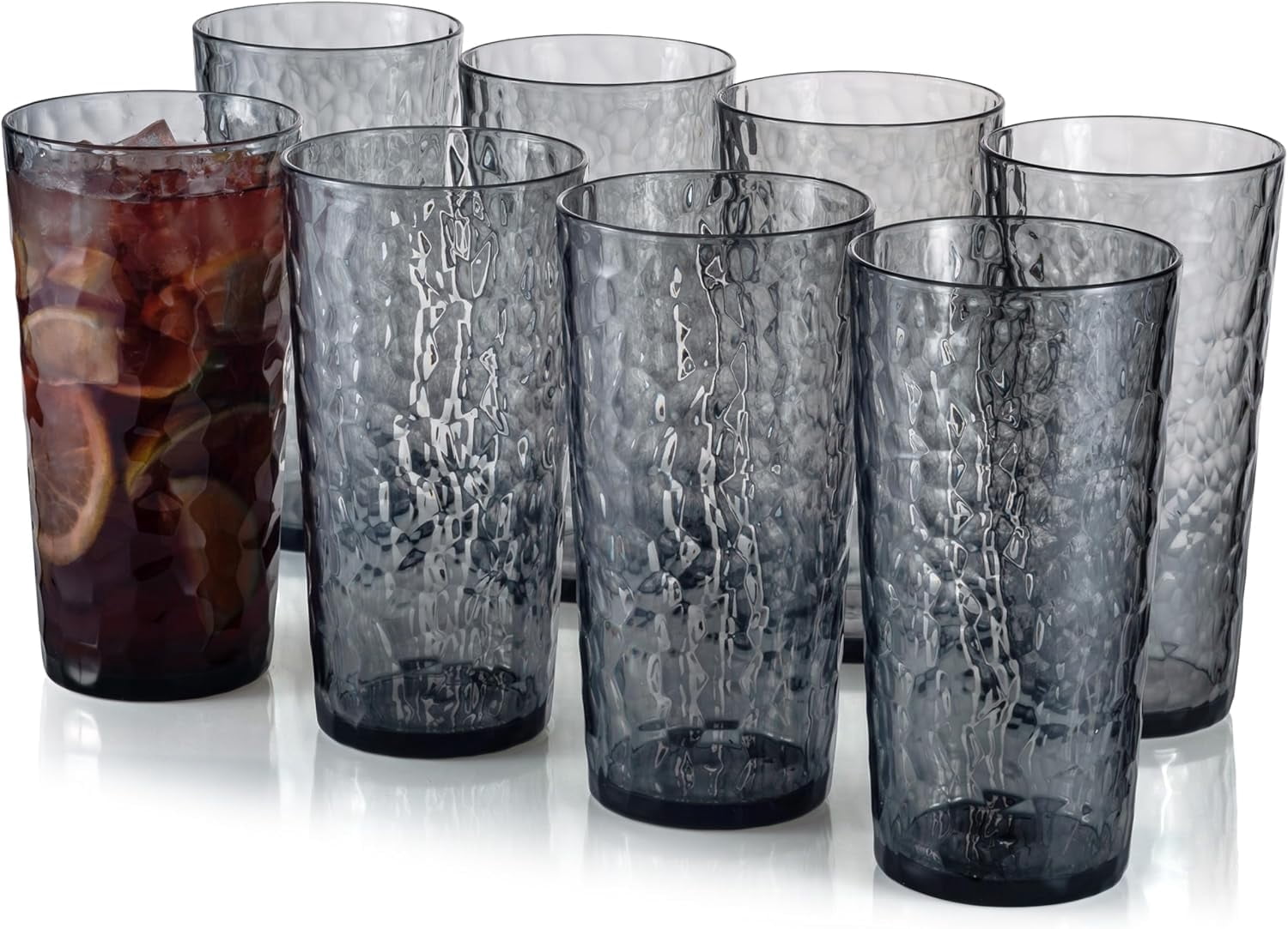 Hammered 24 ounce Plastic Drinking Tumbler Acrylic Glasses, Set of 8 Multicolor