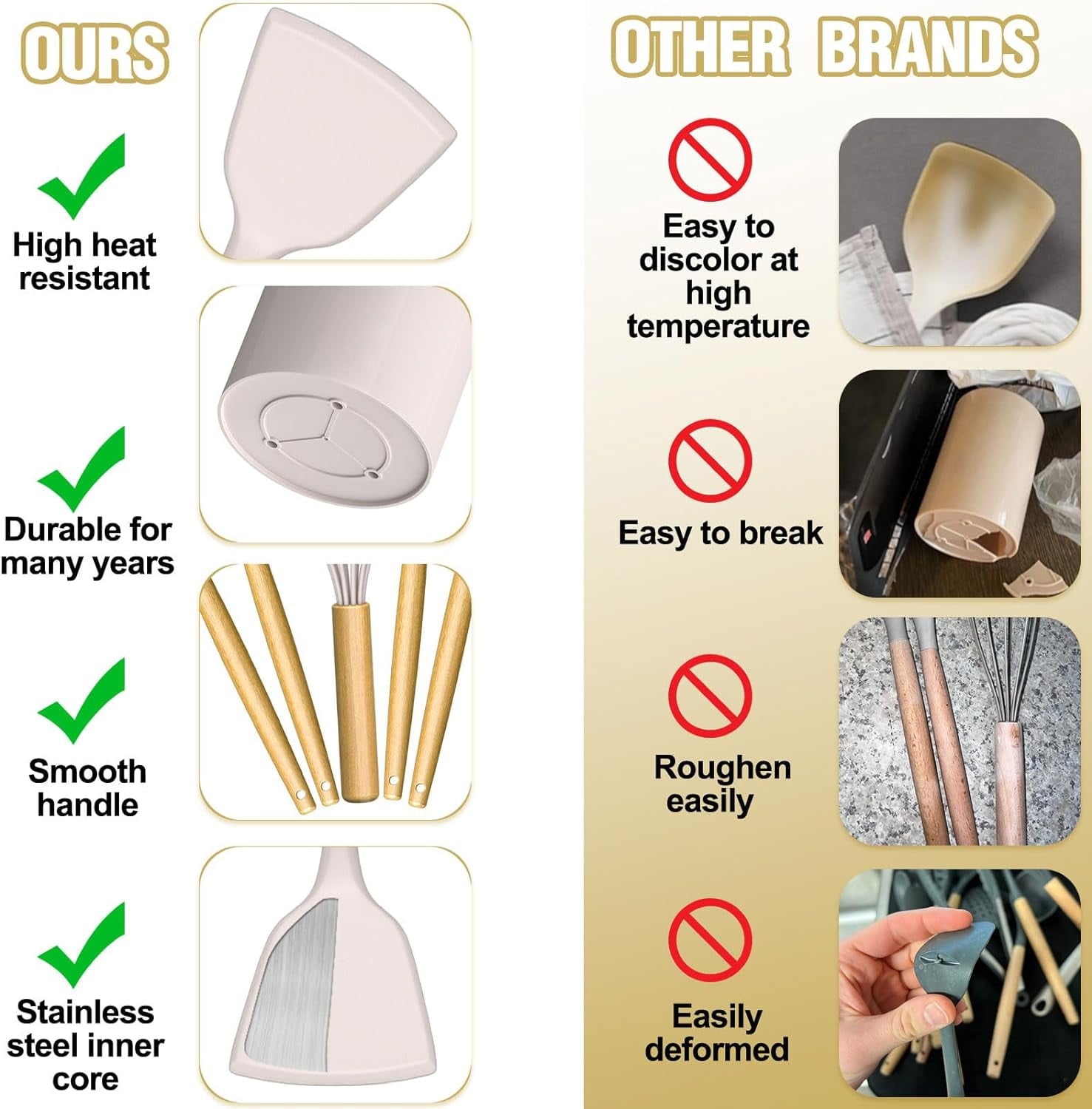 Kitchen Utensil Set, 34Pieces Silicone Cooking Utensil Set with Wooden Handle, Spatula Set Gadgets Tools Cookware, Khaki