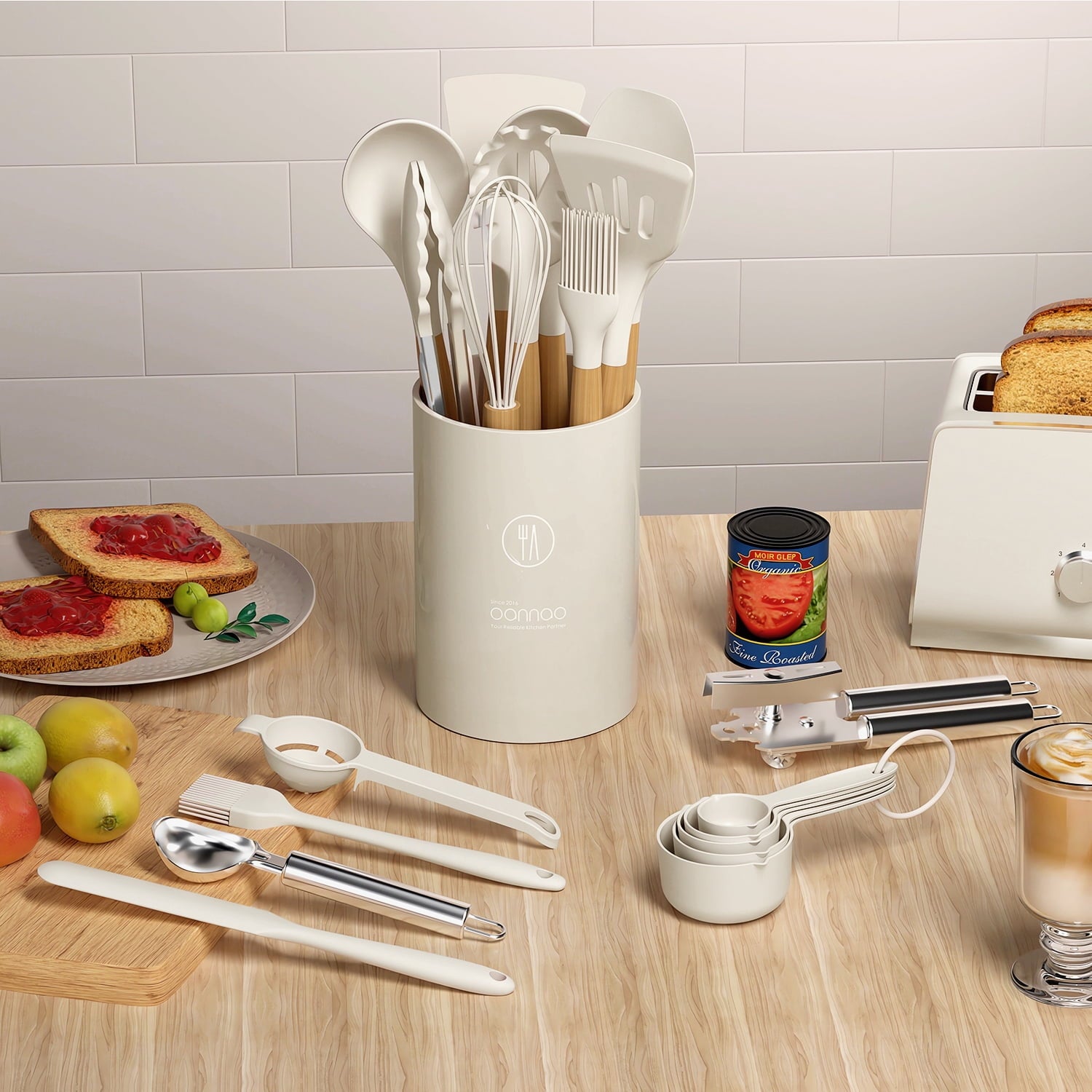 Kitchen Cooking Utensils Set, 33 pcs Non-stick Silicone Cooking Kitchen Utensils Spatula Set with Holder, Wooden Handle Silicone Kitchen Gadgets Utensil Set (Cream White)