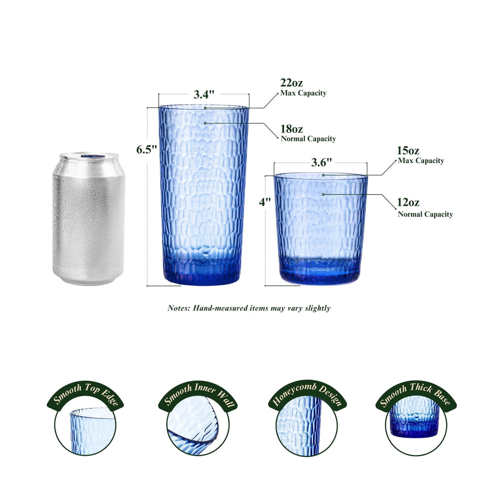 22oz Blue Acrylic Glasses Drinkware (Set of 6), Honeycomb Shatter-Proof Plastic Tumblers