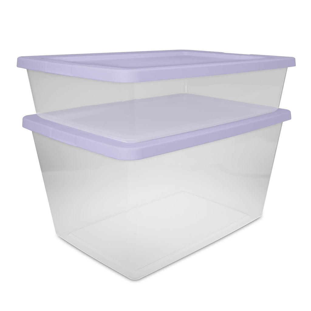 Set of (2) 28 Quart Storage Bins, Clear Plastic Storage Bin with Snap-on Lid, White