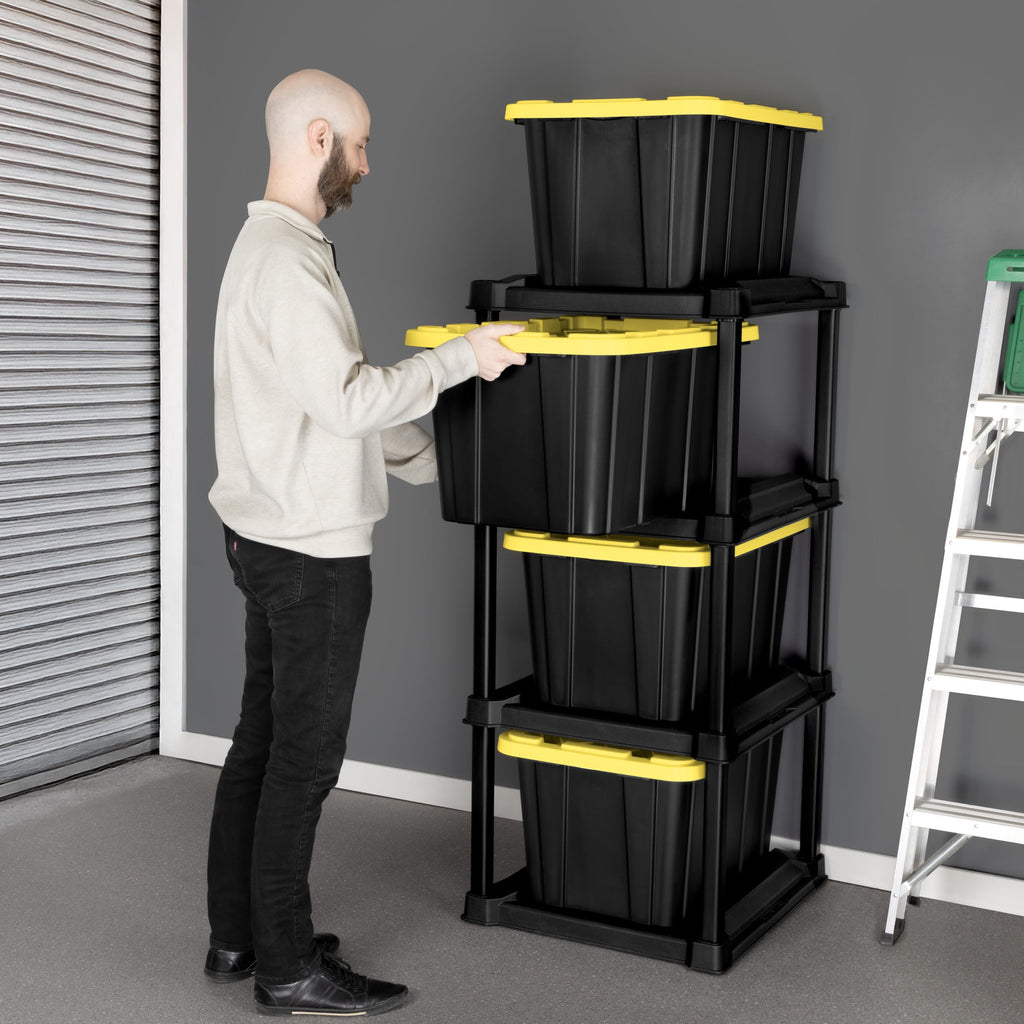 4 Tier Plastic Tote Rack, Holds Four 27 Gallon Industrial Storage Bins, Rugged and , Black