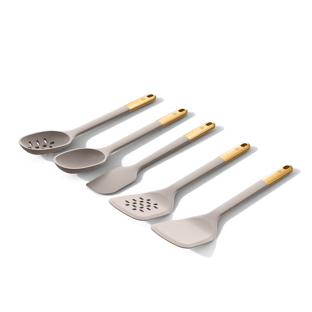 6-Piece Silicone Tool Set with Ceramic Crock, Porcini Taupe by Drew Barrymore