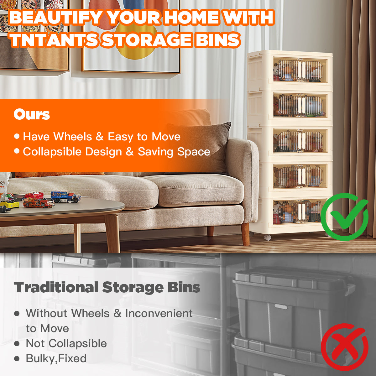 5 Tiers Storage Bins with Wheels, Magnetic Dual Open Collapsible Storage Container with Lids, 125QT Folding Storage Box Bins for Closet Organizers, Home and Office, Beige