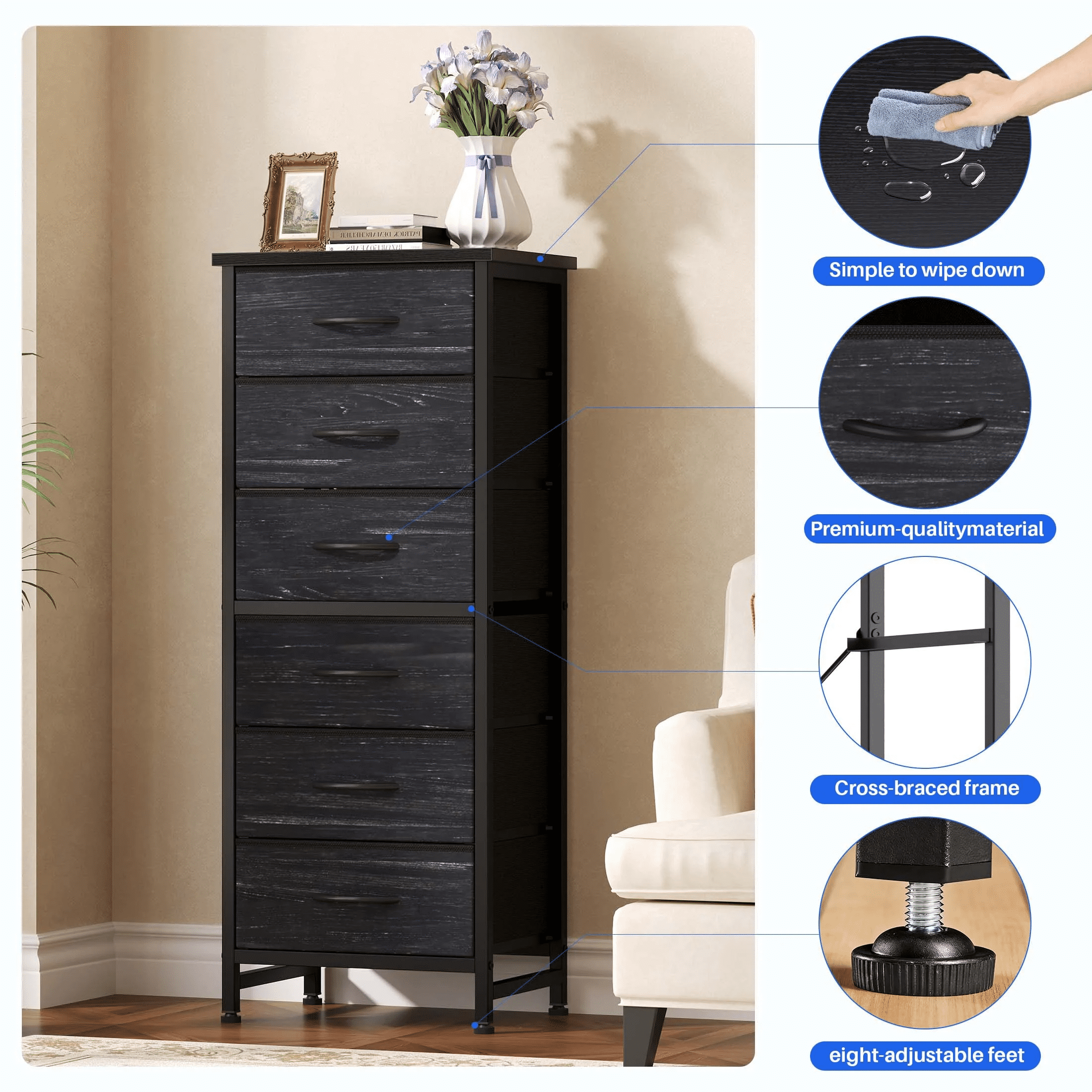 5 Fabric Dresser with 5 Storage Drawers, TV Stand with Wooden Top Metal Frame for Clothes, Living Room, Hallway, Entryway, Rust