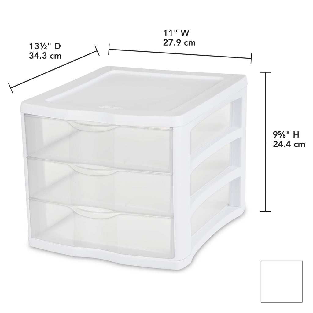 3 Drawer Unit, Clear Plastic Countertop or Desktop Storage Drawers, White
