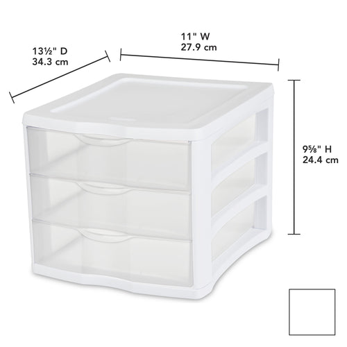 3 Drawer Unit, Clear Plastic Countertop or Desktop Storage Drawers, White