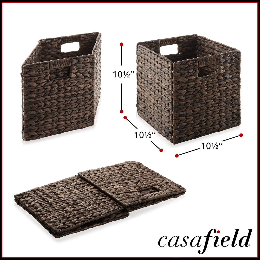 10.5" x 10.5" Water Hyacinth Storage Baskets, Natural - Set of 2 Collapsible Cube Organizers, Woven Bins for Bathroom, Bedroom, Laundry, Pantry, Shelves
