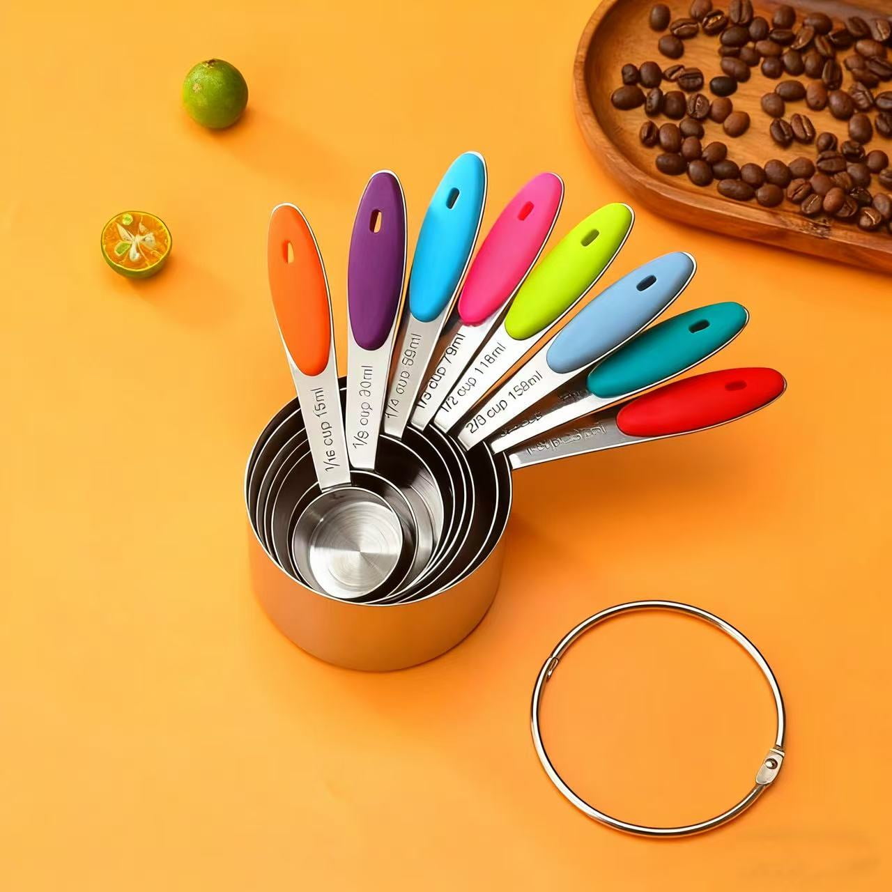 17-Piece Magnetic Stainless Steel Measuring Cups and Spoons Set with Silicone Handles, Kitchen Measuring Tools for Cooking, Baking