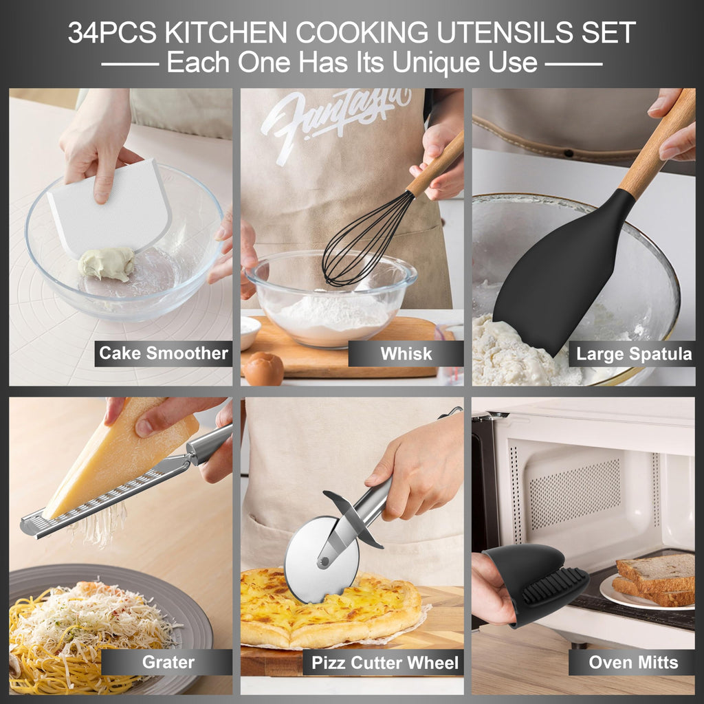43Pcs Silicone Cooking Utensils Set - 446°F Non-Stick Kitchen Utensils, Kitchen Utensil Gadgets Tools Set for Baking, Cooking, and Mixing, (BPA Free)(Black)