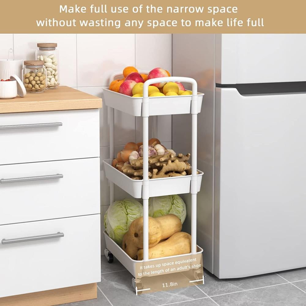 3-Tier Metal Rolling Storage Cart Shelves Rolling Utility Cart Organizer Cart Movable Storage Organizer Bathroom Kitchen Office Workshop White