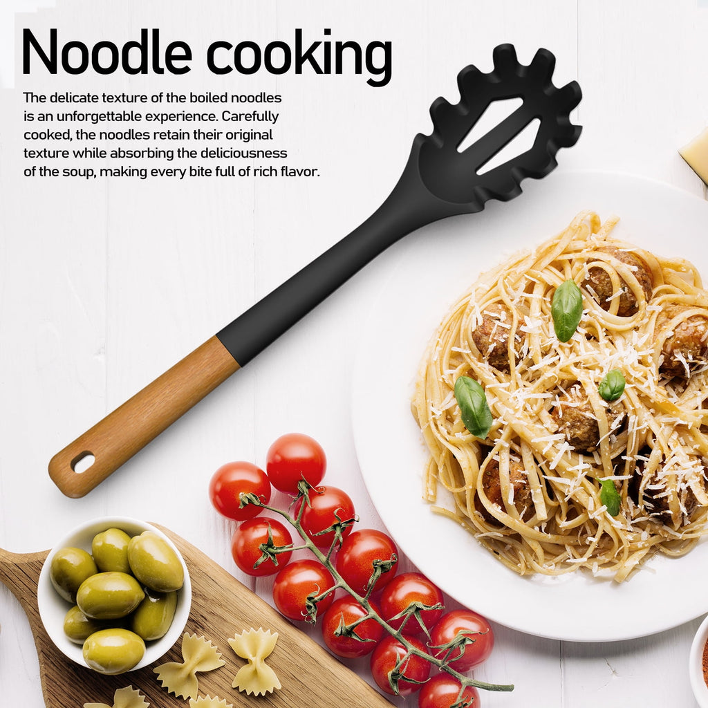 Large Silicone Cooking Utensils - Kitchen Utensil Set with Wooden Handles, Spatula,Turner, Slotted Spoon, Pasta server, Kitchen Gadgets Tools Sets for Non-Stick Cookware (Khaki)