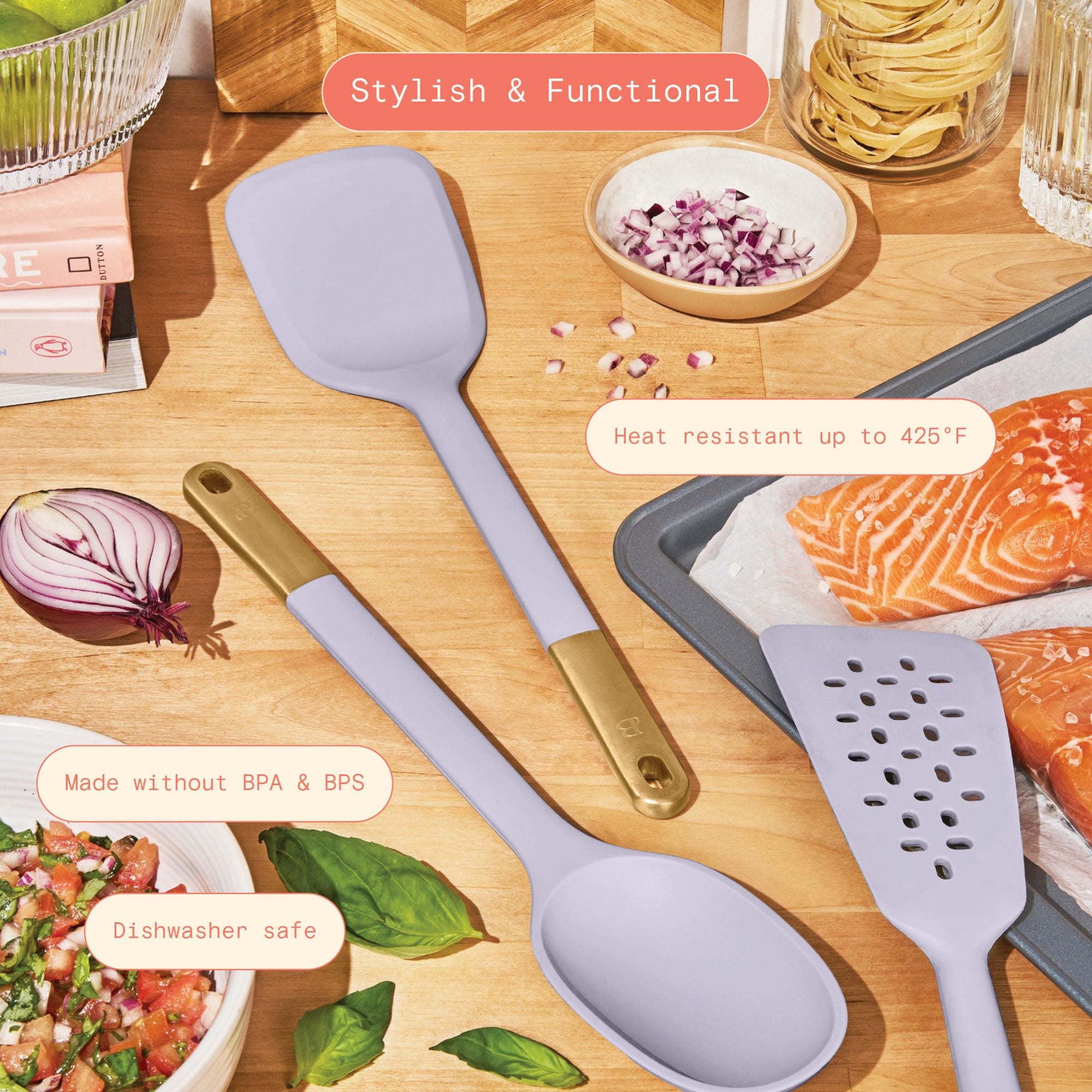 3-Piece Silicone Kitchen Utensil Tool Set, Porcini Taupe by Drew Barrymore