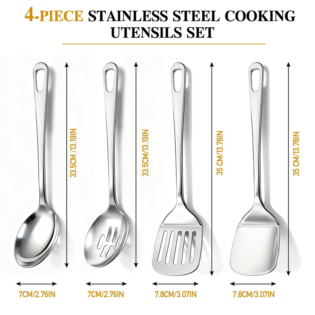 4 Pcs Cooking Utensils Set, Stainless Steel Kitchen Utensils, Kitchen Tools Set Include Solid &amp; Slotted Turner Wok Spatula, Serving Spoon, Home Essentials Kitchen Gadgets Accessories