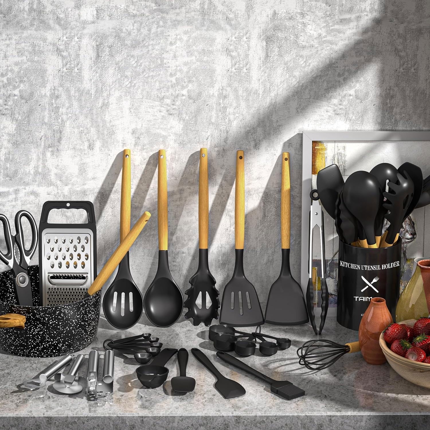 Kitchen Utensil Set, 34Pieces Silicone Cooking Utensil Set with Wooden Handle, Spatula Set Gadgets Tools Cookware, Black