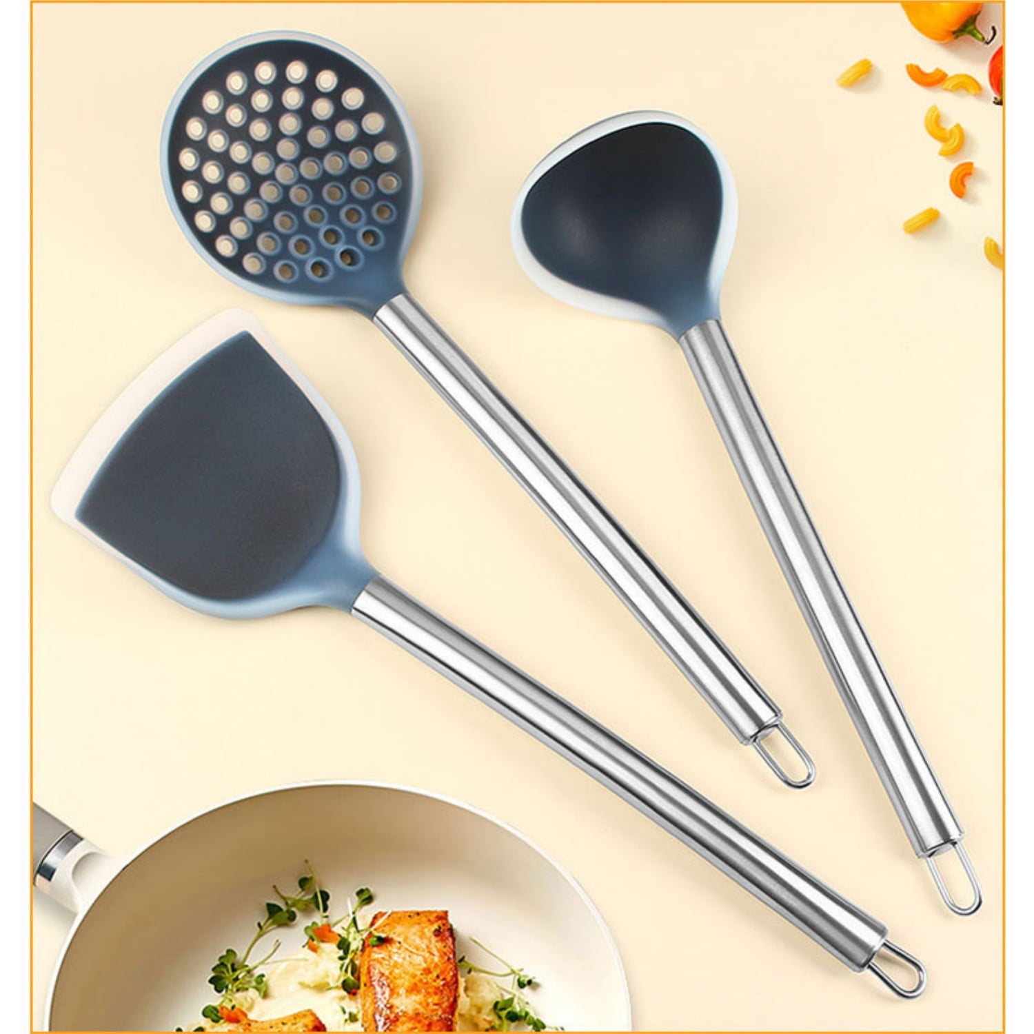 3-piece Silicone Stainless Steel Kitchen Utensil Set, Cooking Tools, Kitchen Gadgets and Essentials, including Wok Spatula, Ladle and Slotted Spoon