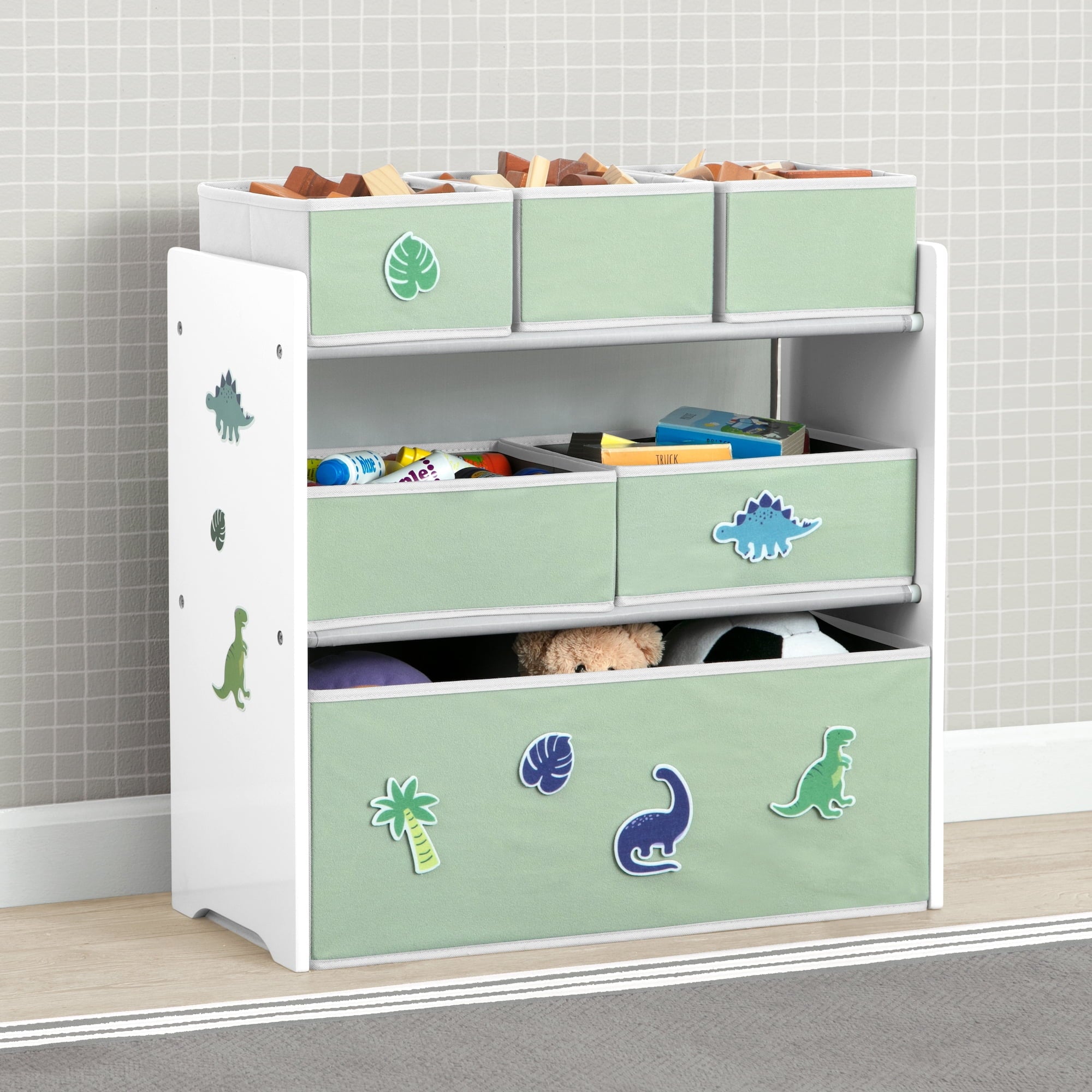 Design &amp; Store 6 Bin Toy Storage Organizer with Interchangeable Patches, Green/Pink