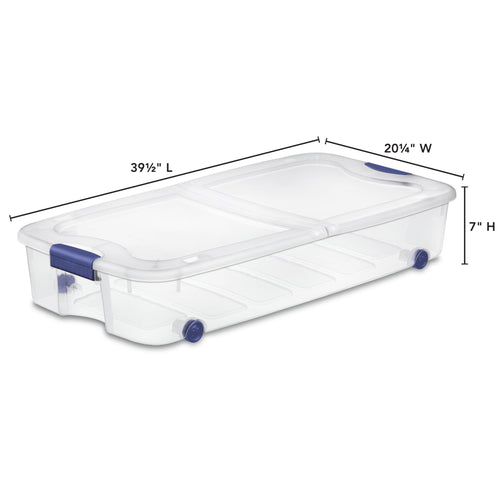 66 Quart Latching Underbed Wheeled Storage Bin, Clear Plastic Storage Container with Latch Lid, Blue