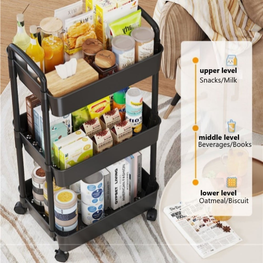 3-Tier Metal Rolling Storage Cart Shelves Rolling Utility Cart Organizer Cart Movable Storage Organizer Bathroom Kitchen Office Workshop White
