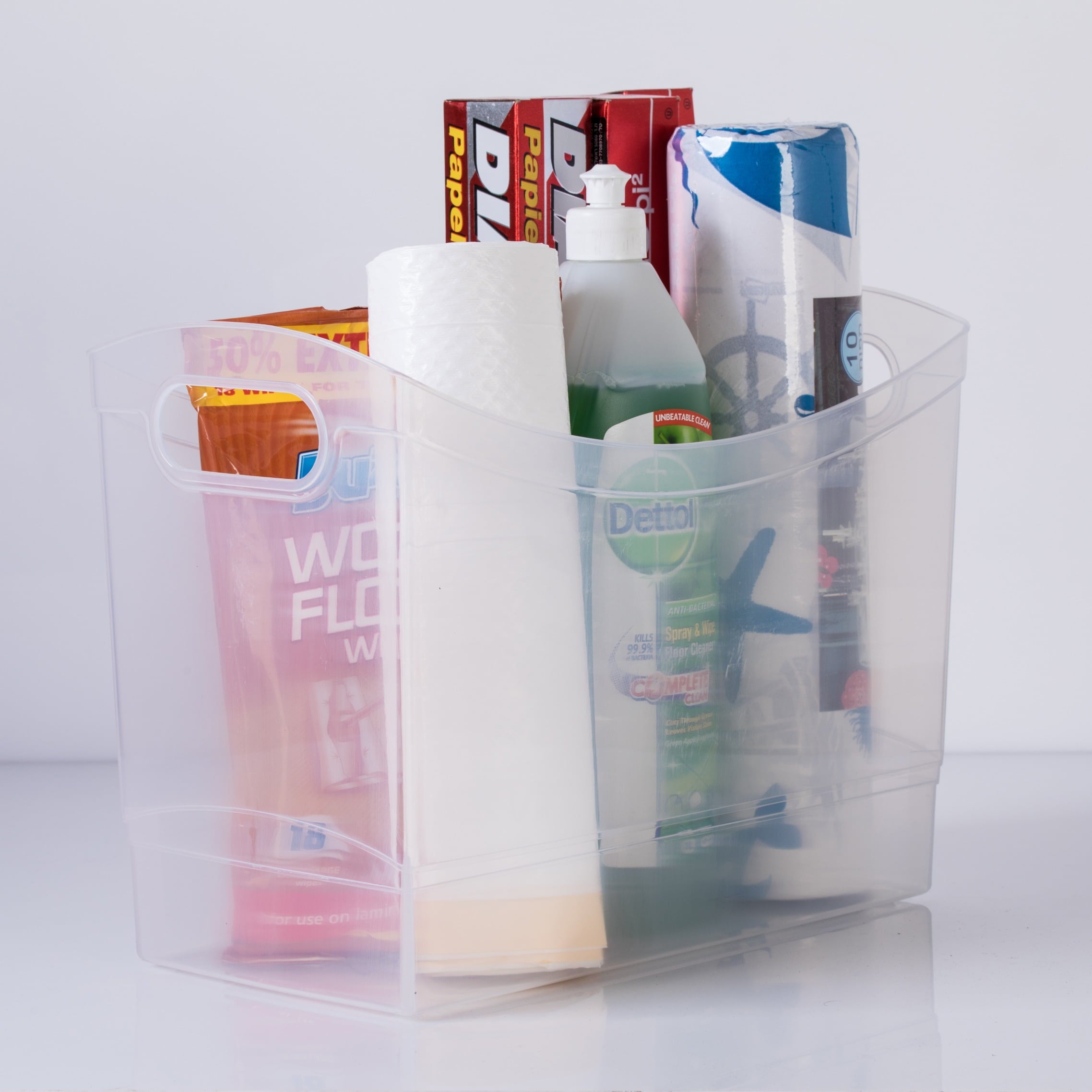 12 Qt Clear Plastic Storage Bin Organizer with Carrying Handles, Narrow Rectangular Utility Container for Pantry, Closet, Cabinet and Shelf Storage