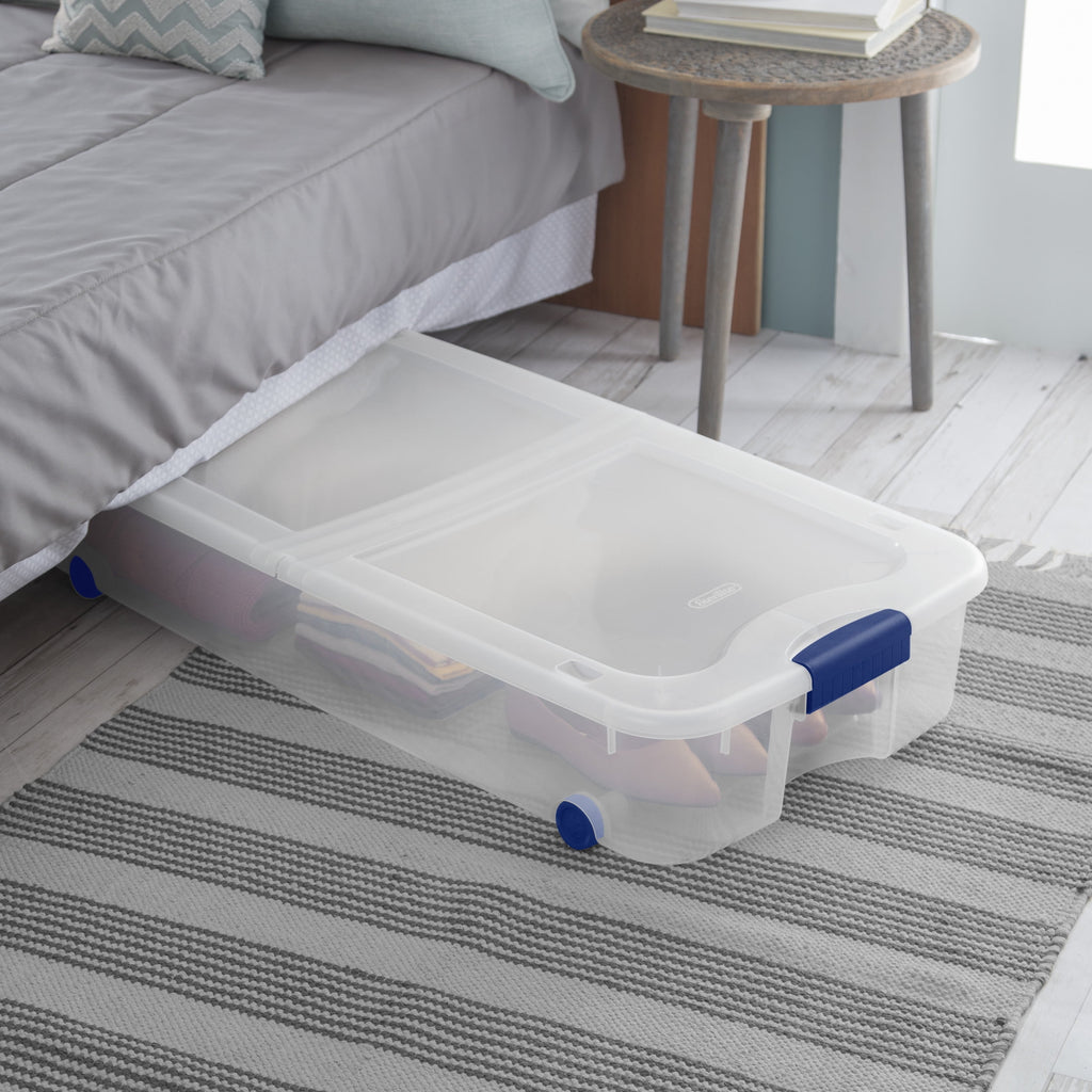 66 Quart Latching Underbed Wheeled Storage Bin, Clear Plastic Storage Container with Latch Lid, Blue