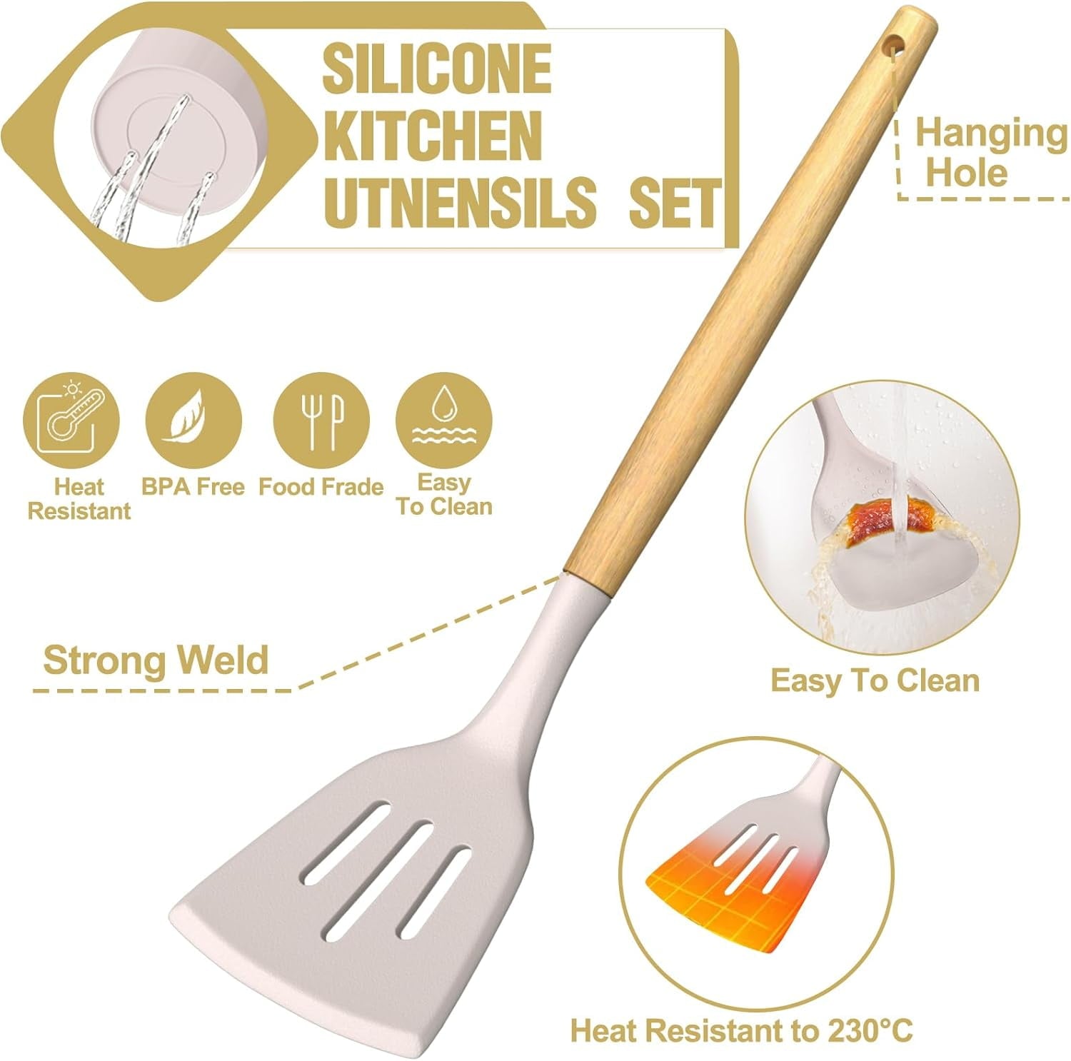 Kitchen Utensil Set, 34Pieces Silicone Cooking Utensil Set with Wooden Handle, Spatula Set Gadgets Tools Cookware, Khaki