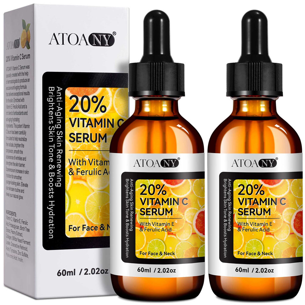 2Pack 20% Vitamin C Serum, Anti Aging Face Essence with Vitamin E, Ferulic Acid, Collagen, Firm Skin - Hydration - Antioxidant - Even Tone